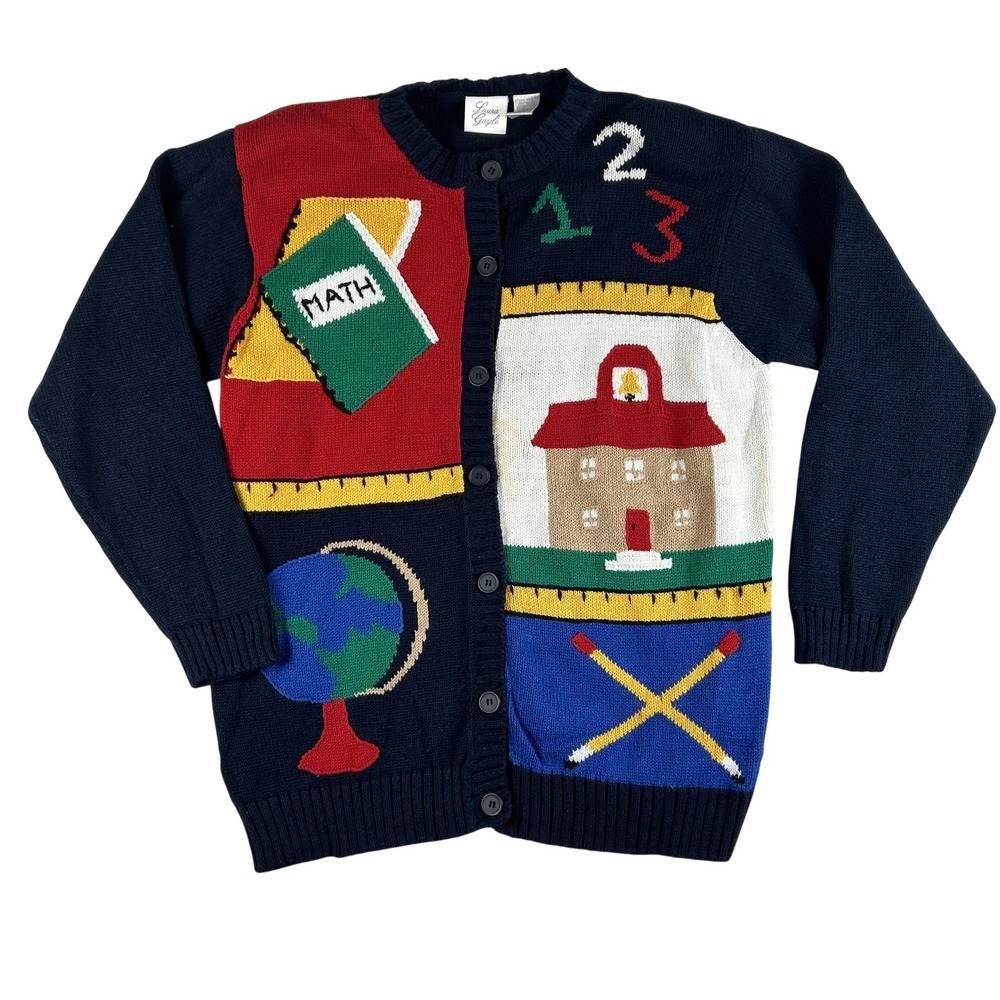 Vtg Laura Gayle‎ Teacher Sweater Womens Medium Novelty Schoolhouse Cardigan 90s
